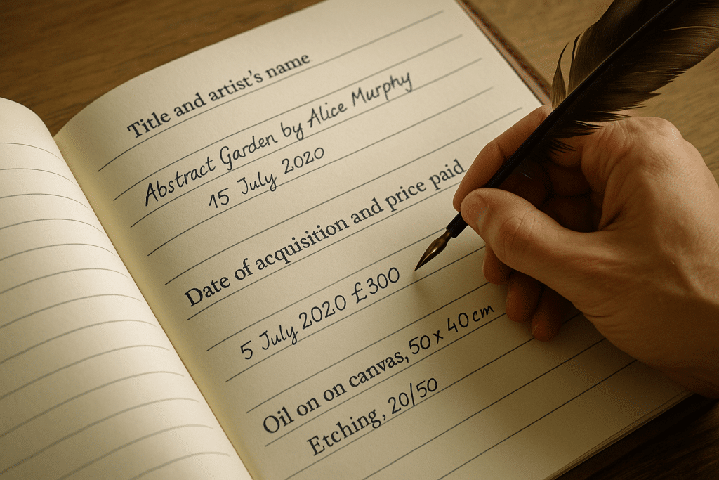 Photograph showing a close-up of an old ledger titled with headers ‘Title and artist’s name’, ‘Date of acquisition and price paid’, and ‘Medium, dimensions, and edition number’, with handwritten entries below. A scribe’s hand is seen updating the page using a traditional quill and ink.