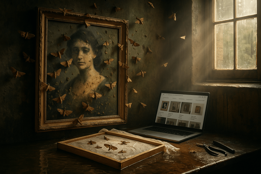 Photograph of a deteriorating interior space with a mouldy portrait painting being eaten by moths, with harsh sunlight streaming through a nearby broken window.