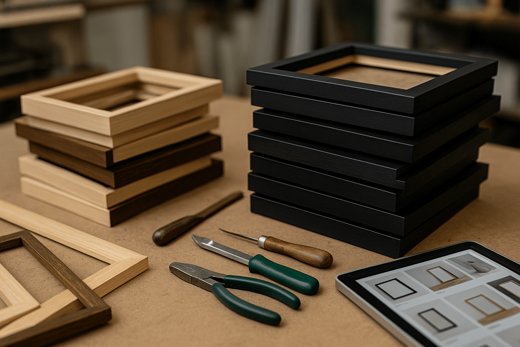 High-resolution photograph showing a cluttered workbench with several empty picture frames stacked in piles, surrounded by framing tools such as a ruler, mounting tape, and a corner clamp.