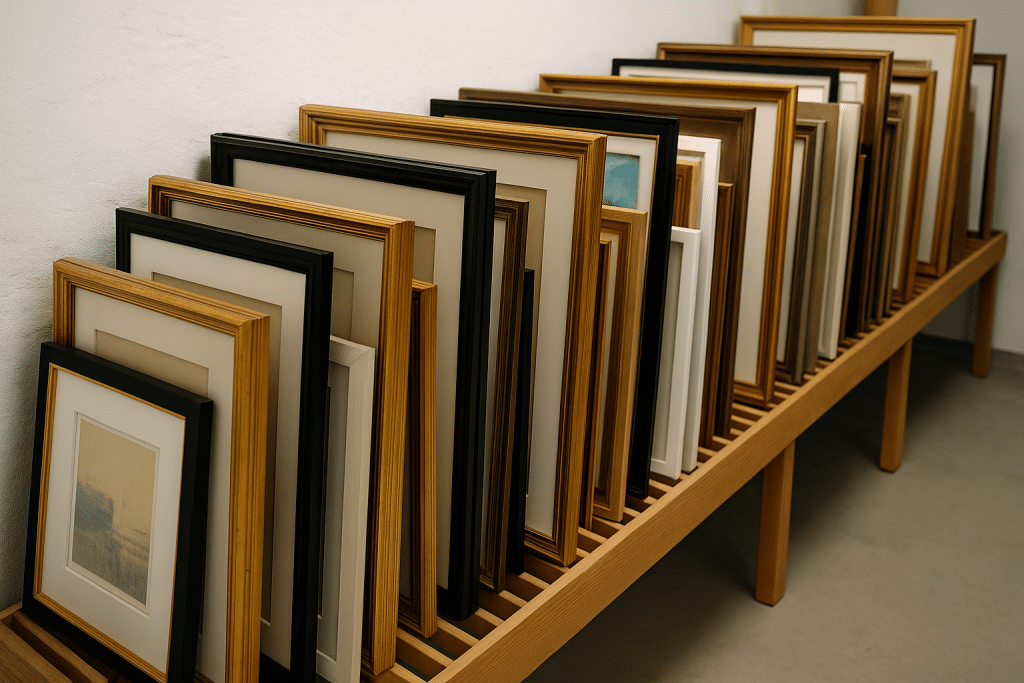 Photograph showcases framed artworks of various sizes stored upright on a raised wooden painting rack in a clean, climate-controlled art storage area