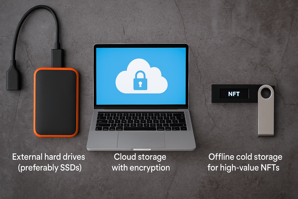 Digital photograph displaying digital storage solutions for NFT and digital art, including external SSD hard drives, a secure cloud storage interface on a laptop screen, and a cold storage hardware wallet on a desk