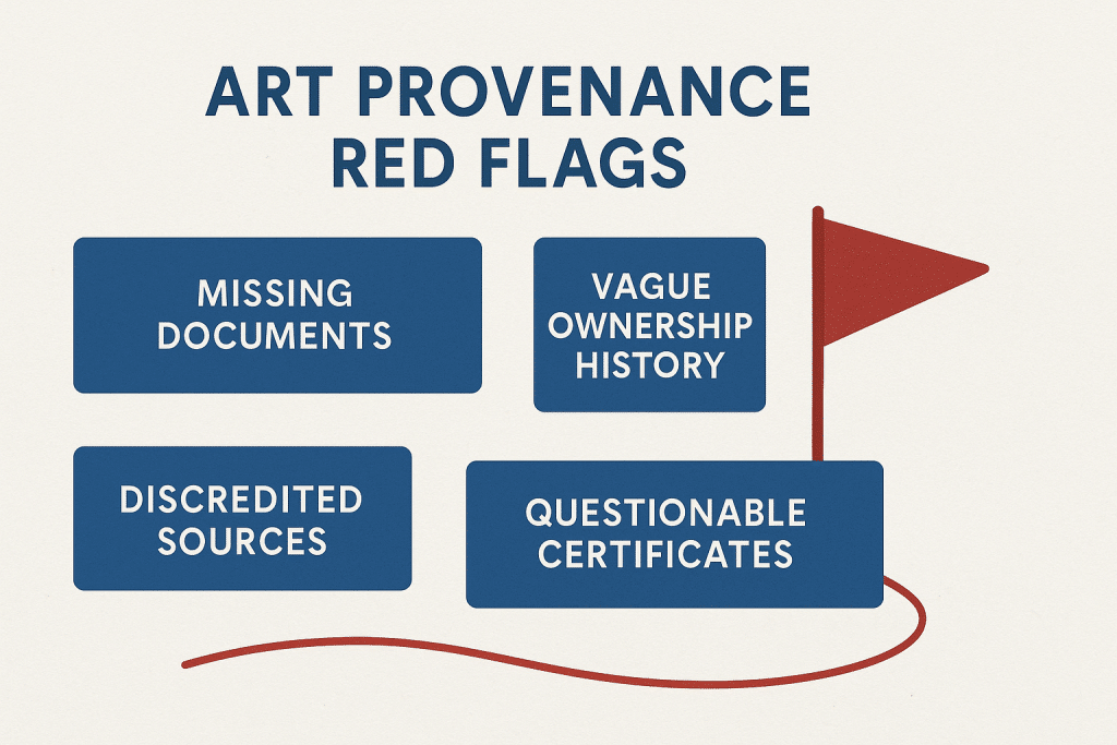 Graphic showing common art provenance red flags including missing documents, vague ownership history, discredited sources, and questionable certificates of authenticity.