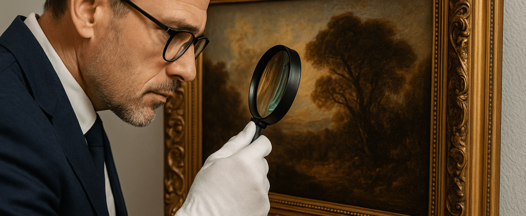 Art expert examining painting for provenance verification