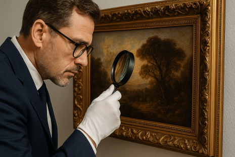 Art expert examining painting for provenance verification
