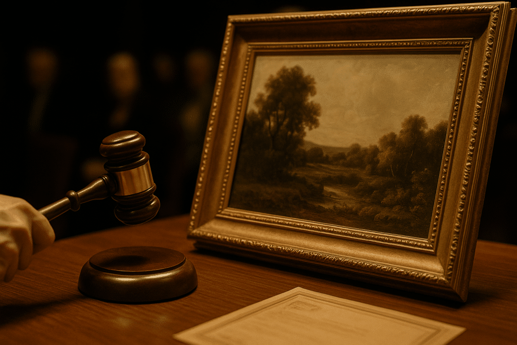 Auction house setting where provenance impacts artwork value