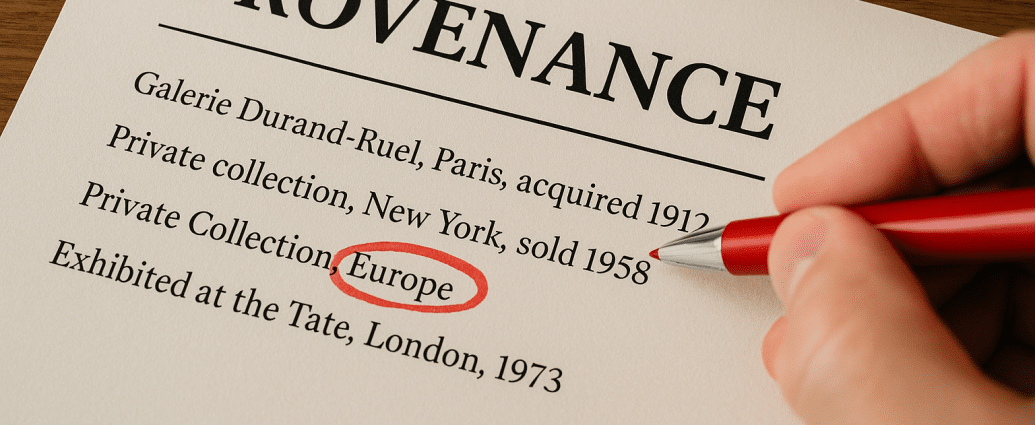 Close-up of an art provenance document on textured paper with the phrase ‘Private Collection, Europe’ circled in red ink by a hand holding a red pen, highlighting vague and suspicious ownership details.”