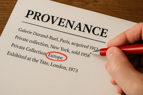 Close-up of an art provenance document on textured paper with the phrase ‘Private Collection, Europe’ circled in red ink by a hand holding a red pen, highlighting vague and suspicious ownership details.”