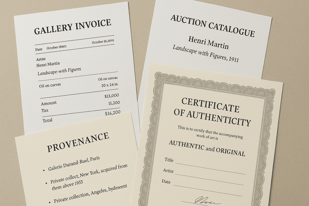 Examples of provenance documents including gallery invoice and certificate of authenticity