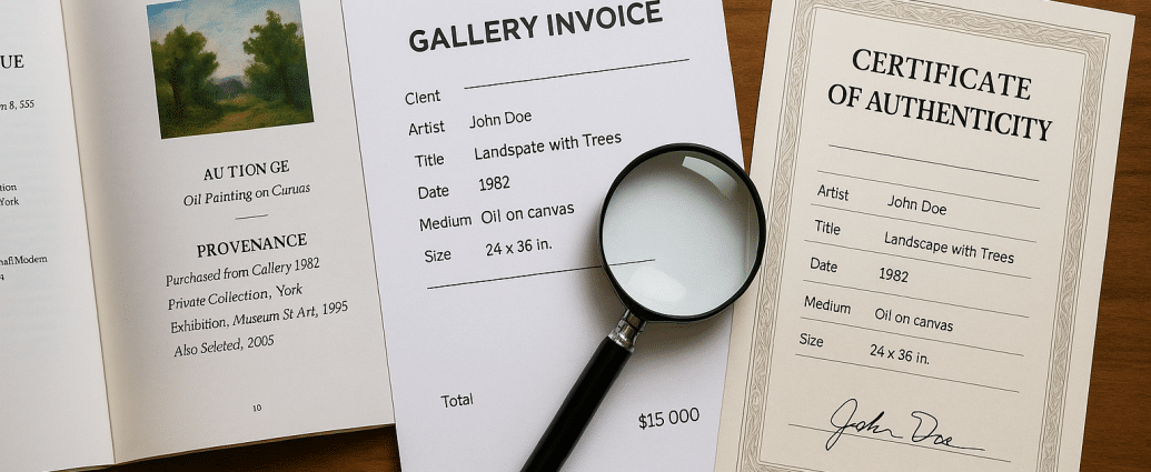 Flat-lay of art provenance documents on a wooden desk, including an auction catalogue, gallery invoice, and certificate of authenticity with a magnifying glass resting on top.