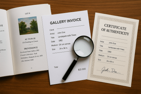 Flat-lay of art provenance documents on a wooden desk, including an auction catalogue, gallery invoice, and certificate of authenticity with a magnifying glass resting on top.