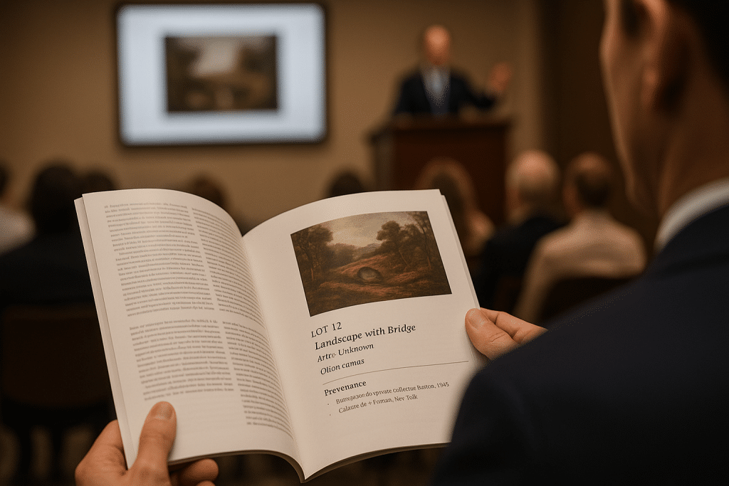 Auction house scene with bidder holding catalogue showing artwork provenance details.