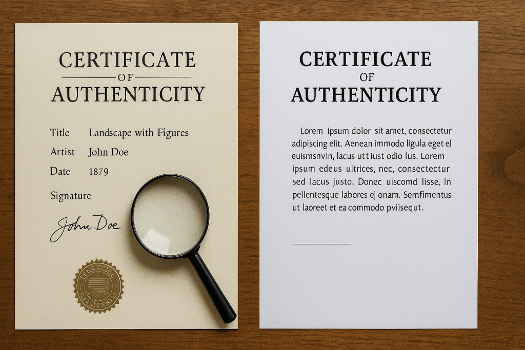 Comparison of authentic and questionable art certificates highlighting provenance red flags.